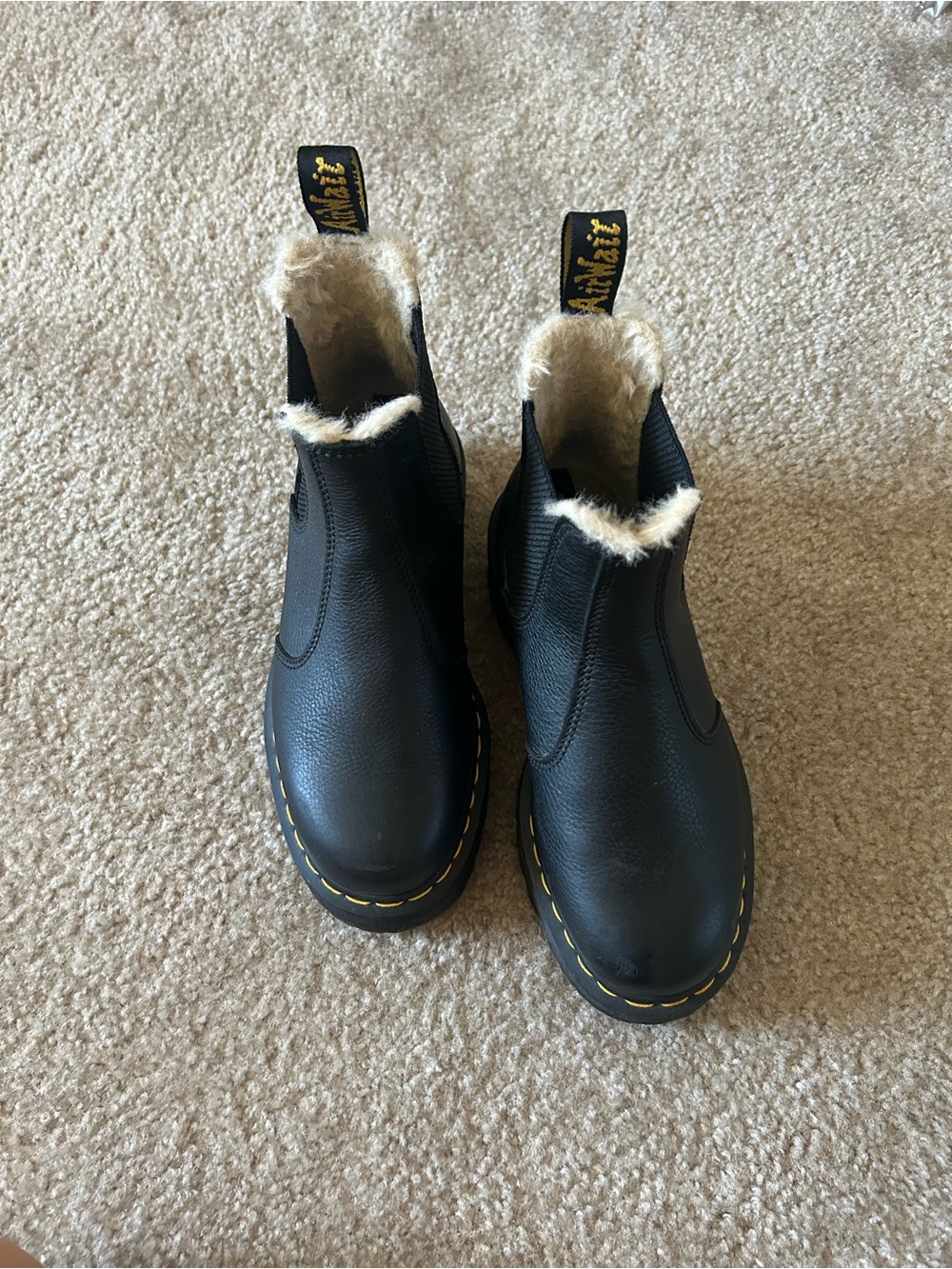 Dr. Martens Black Leather Chelsea Boots with Cream Faux Fur Trim